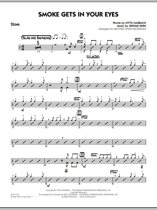 Michael Philip Mossman Smoke Gets In Your Eyes - Drums sheet music notes and chords. Download Printable PDF.