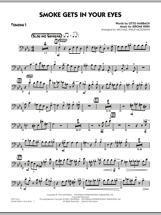 Michael Philip Mossman Smoke Gets In Your Eyes - Trombone 3 sheet music notes and chords. Download Printable PDF.