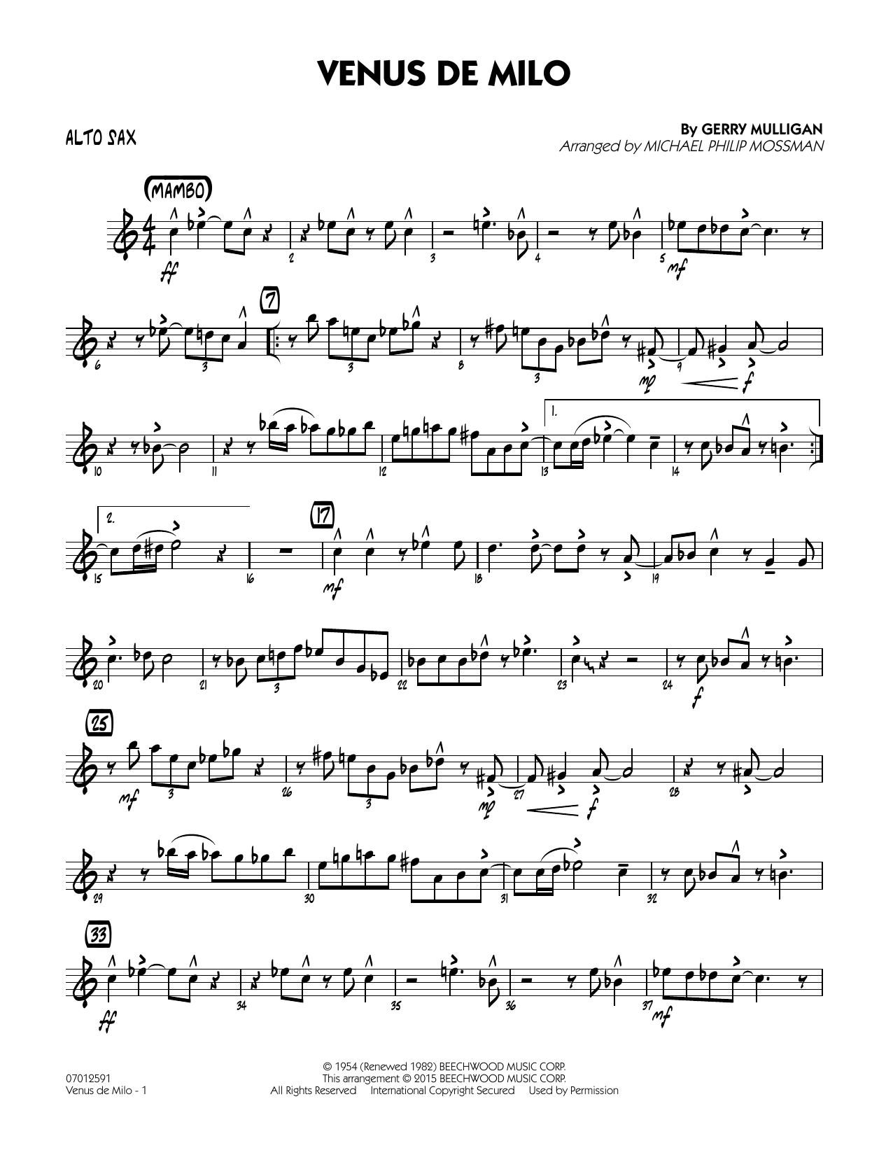 Michael Philip Mossman Venus de Milo - Alto Sax sheet music notes and chords arranged for Jazz Ensemble