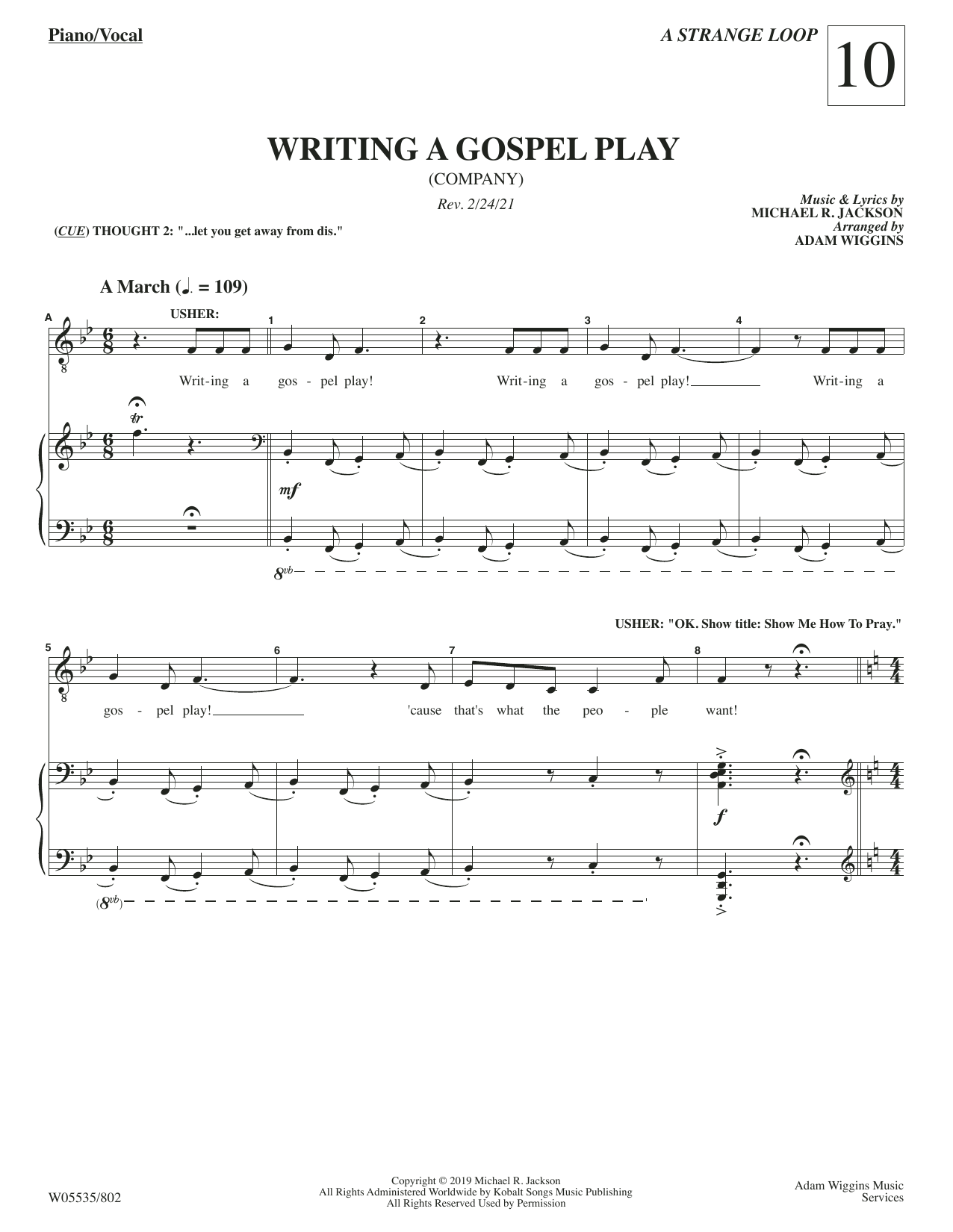 Michael R. Jackson Writing A Gospel Play (from A Strange Loop) sheet music notes and chords arranged for Piano & Vocal