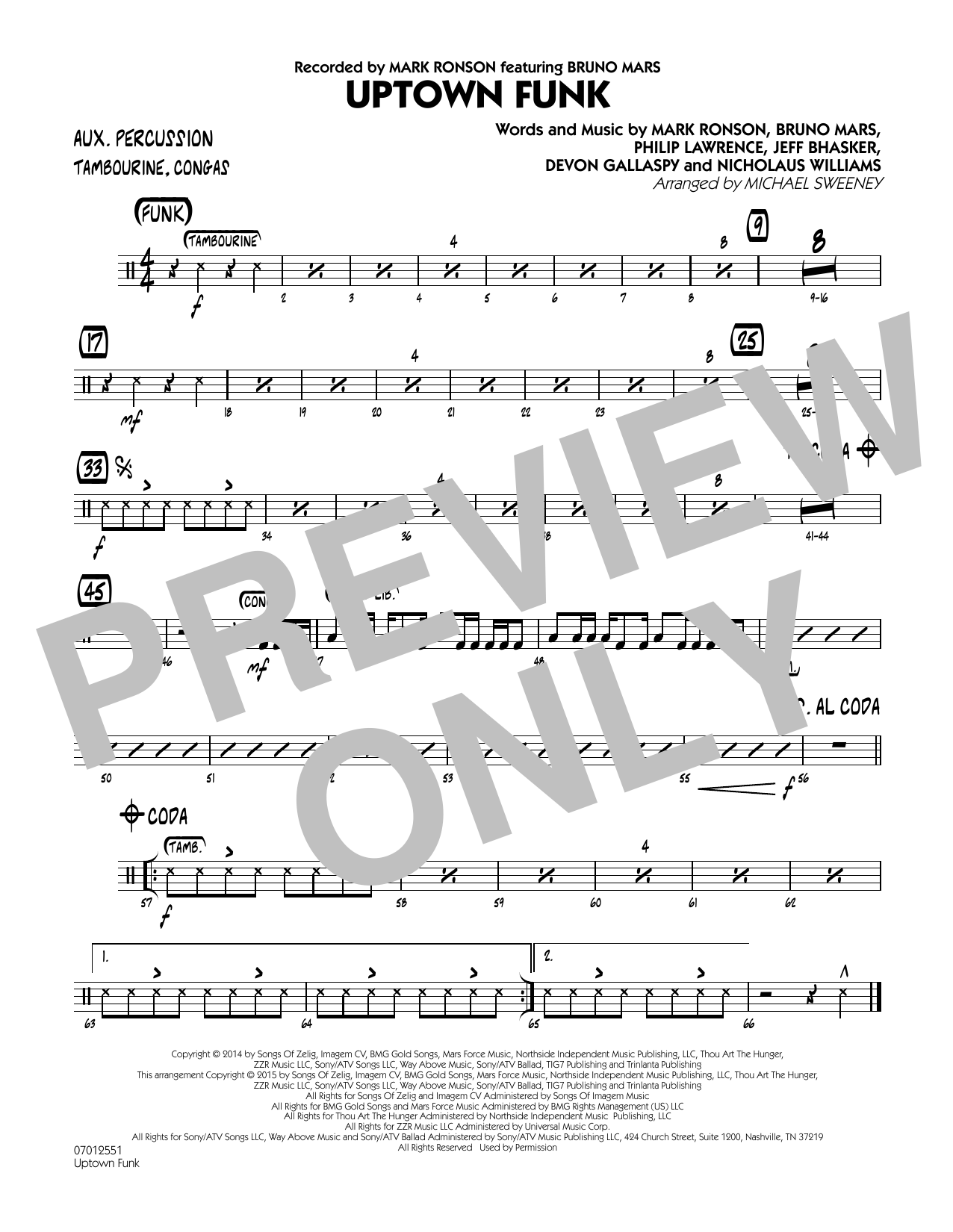 Michael Sweeney Uptown Funk - Aux Percussion sheet music notes and chords. Download Printable PDF.