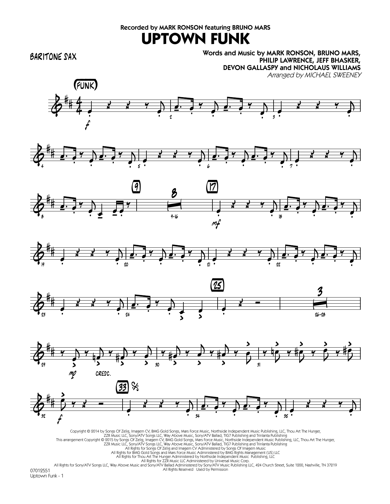 Michael Sweeney Uptown Funk - Baritone Sax sheet music notes and chords. Download Printable PDF.