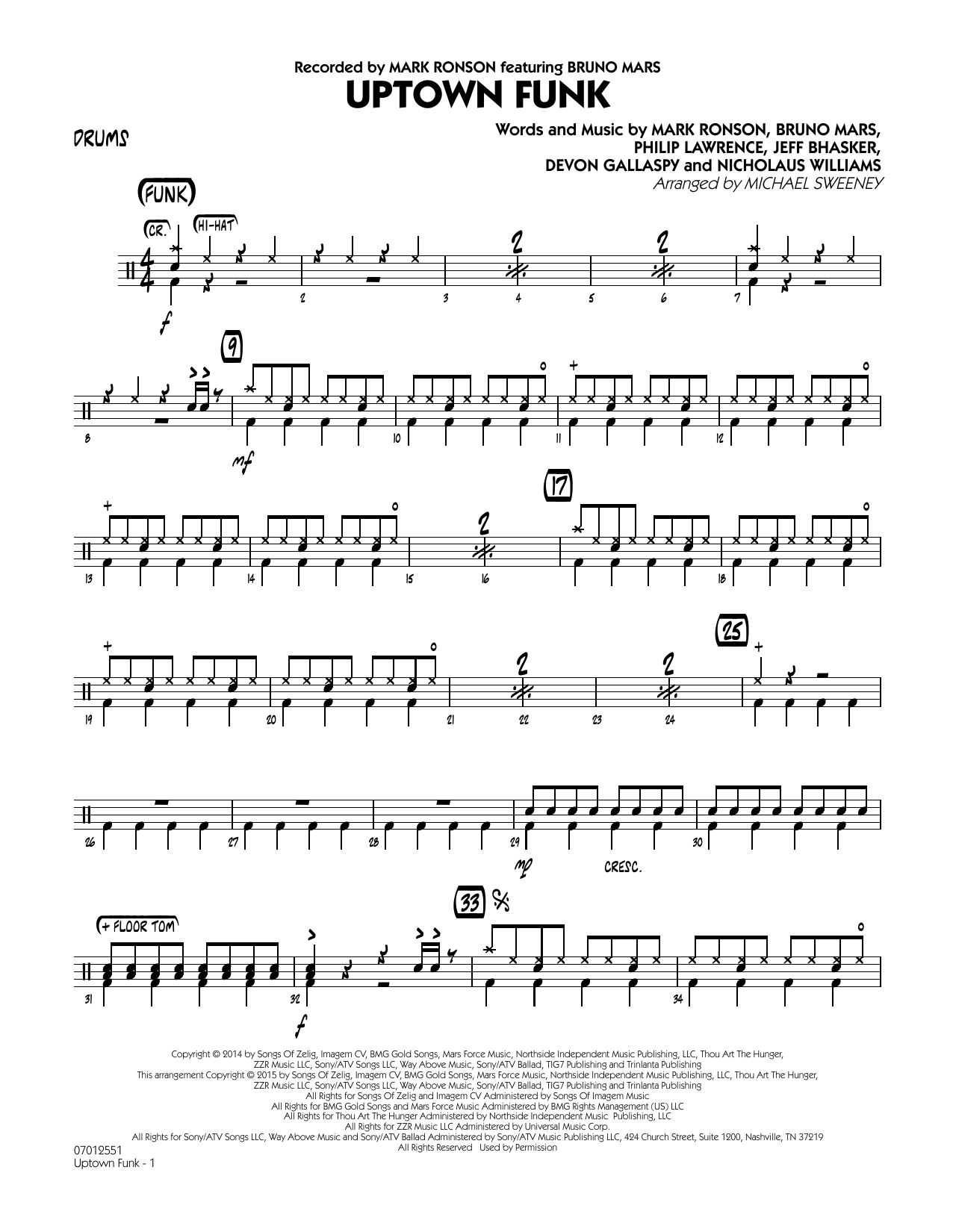 Michael Sweeney Uptown Funk - Drums sheet music notes and chords. Download Printable PDF.