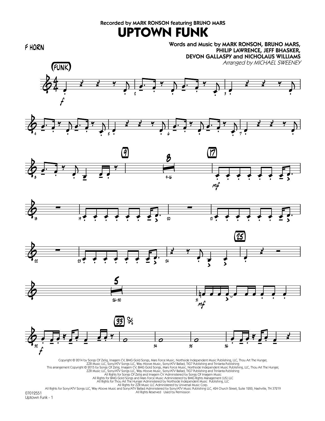 Michael Sweeney Uptown Funk - F Horn sheet music notes and chords. Download Printable PDF.