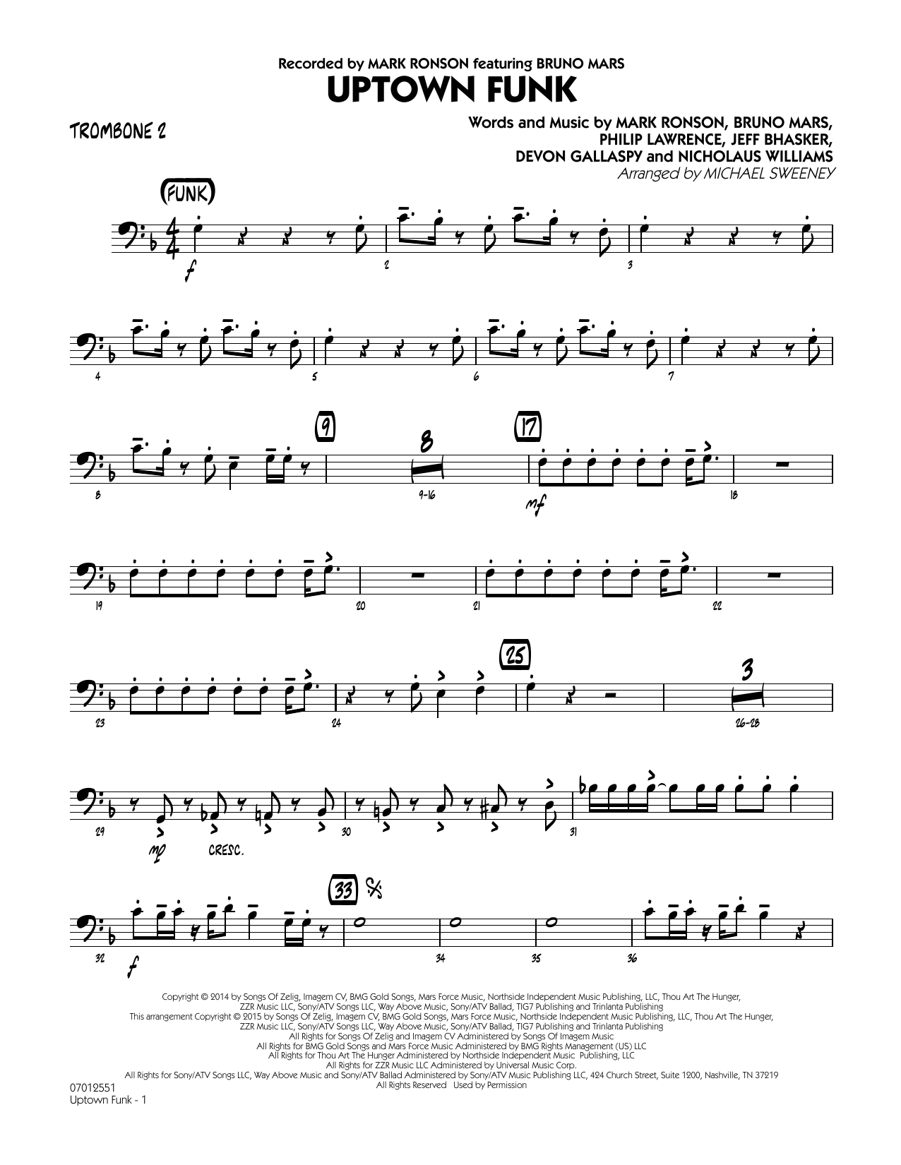 Michael Sweeney Uptown Funk - Trombone 2 sheet music notes and chords. Download Printable PDF.
