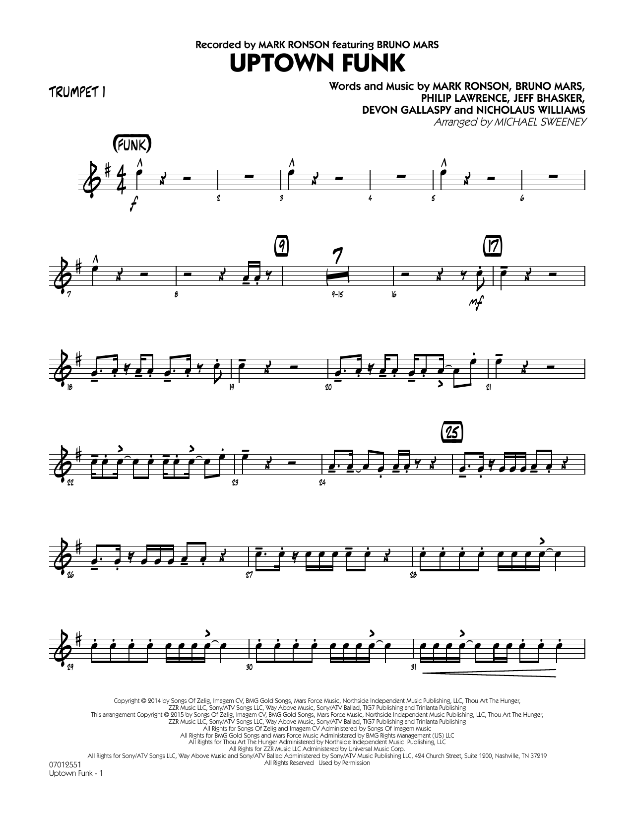 Michael Sweeney Uptown Funk - Trumpet 1 sheet music notes and chords. Download Printable PDF.