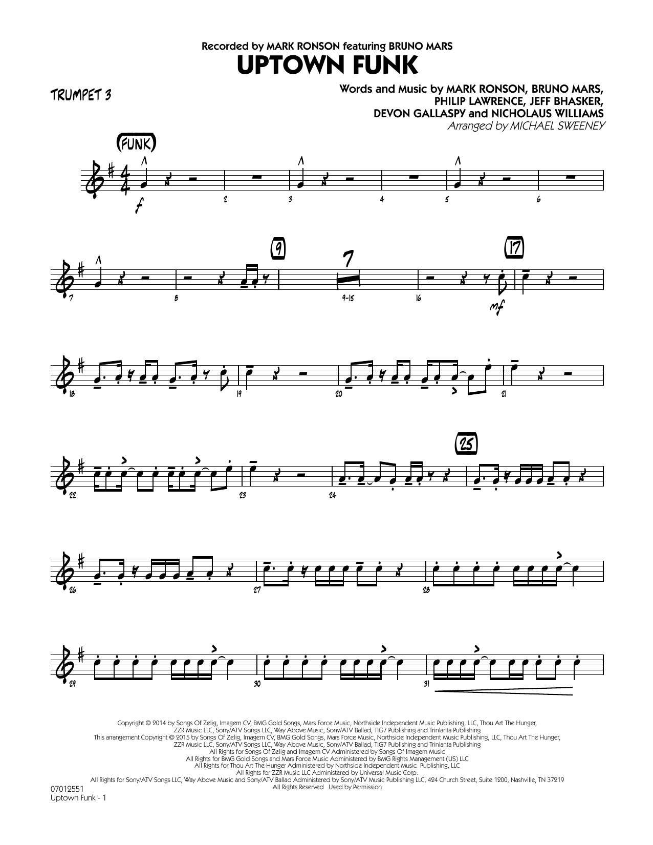 Michael Sweeney Uptown Funk - Trumpet 3 sheet music notes and chords. Download Printable PDF.