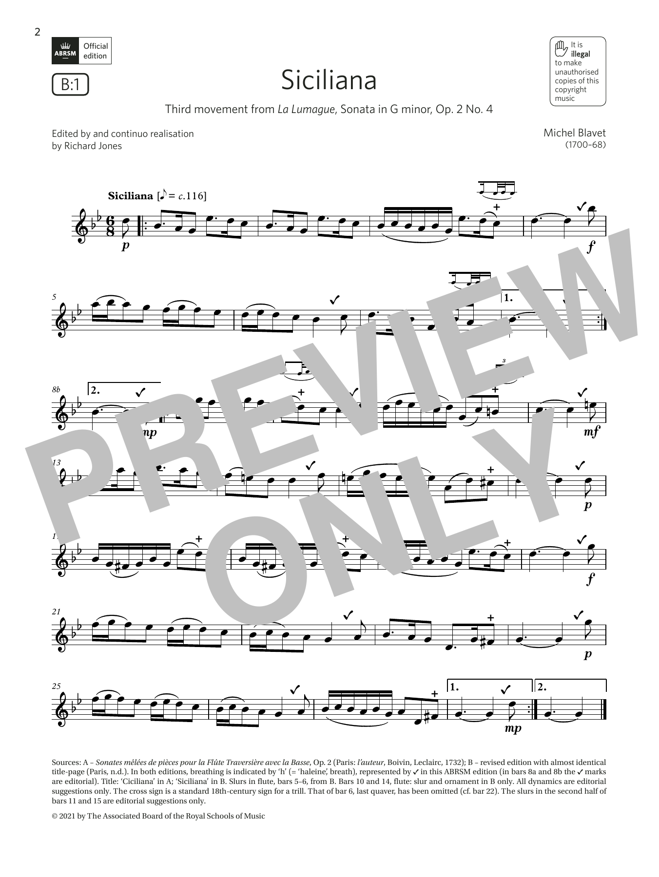 Michel Blavet Siciliana (from Sonata in G minor, Op2 No4) (Grade 4 B1 from the ABRSM Flute syllabus from 2022) sheet music notes and chords arranged for Flute Solo