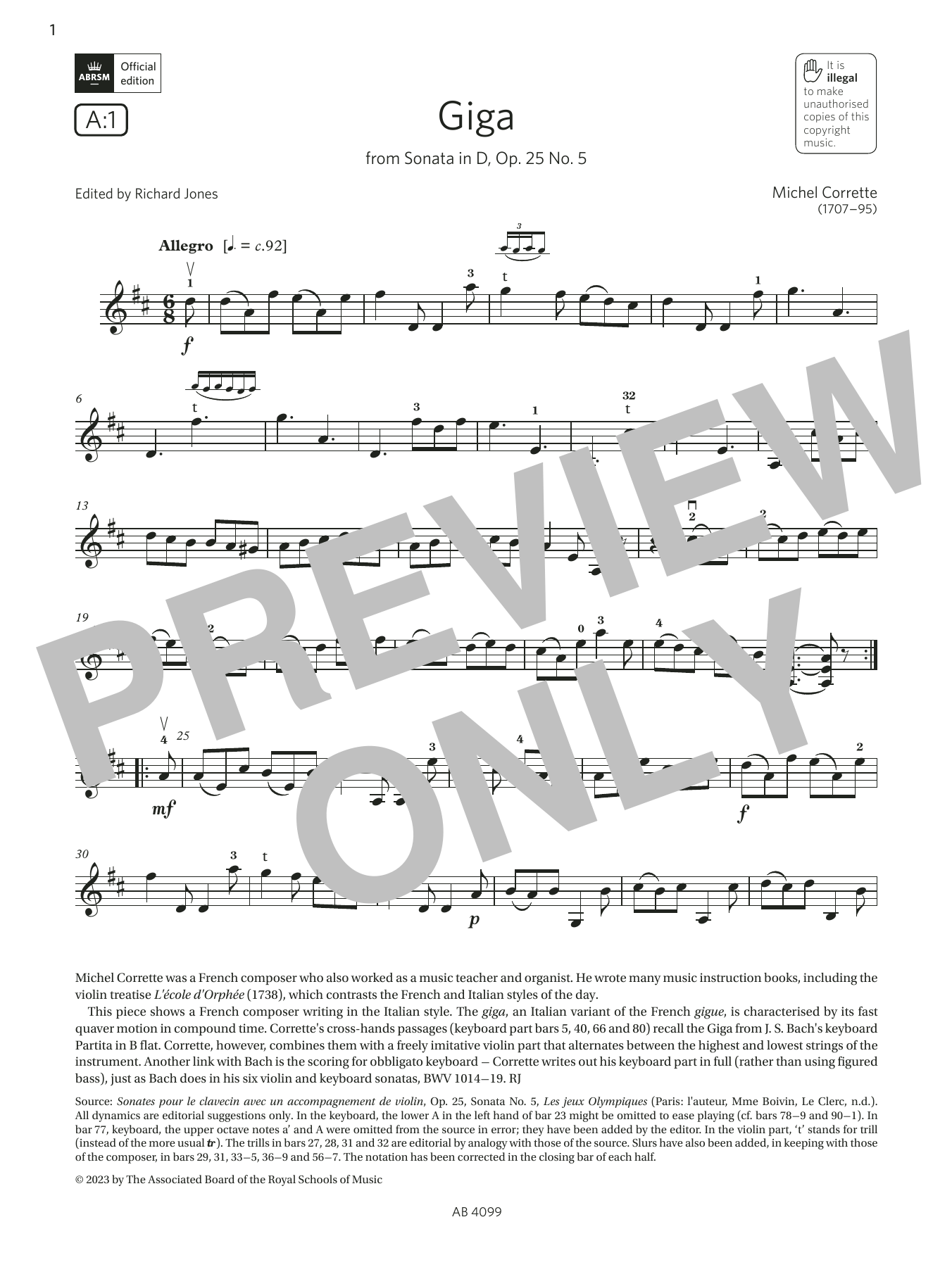 Michel Corrette Giga (Grade 5, A1, from the ABRSM Violin Syllabus from 2024) sheet music notes and chords arranged for Violin Solo