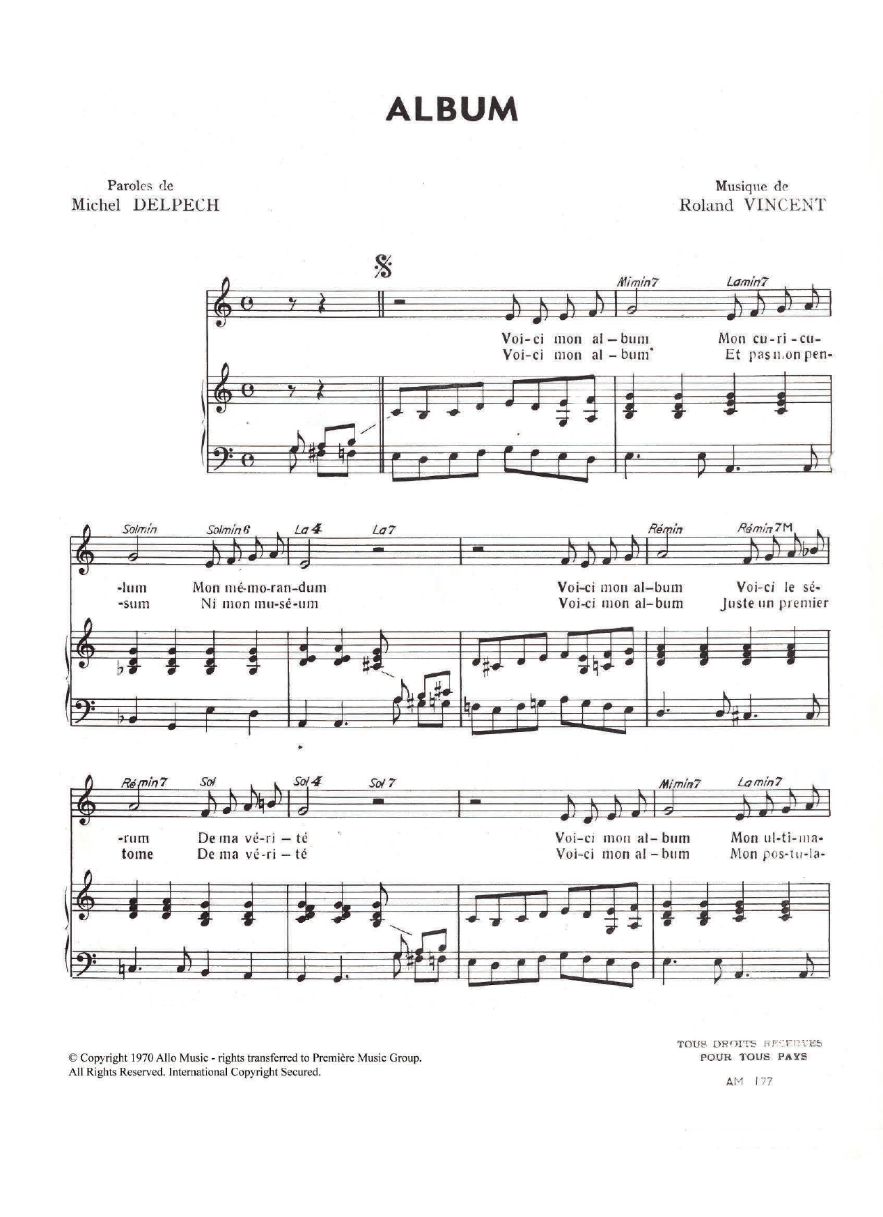 Michel Delpech Album sheet music notes and chords arranged for Piano & Vocal