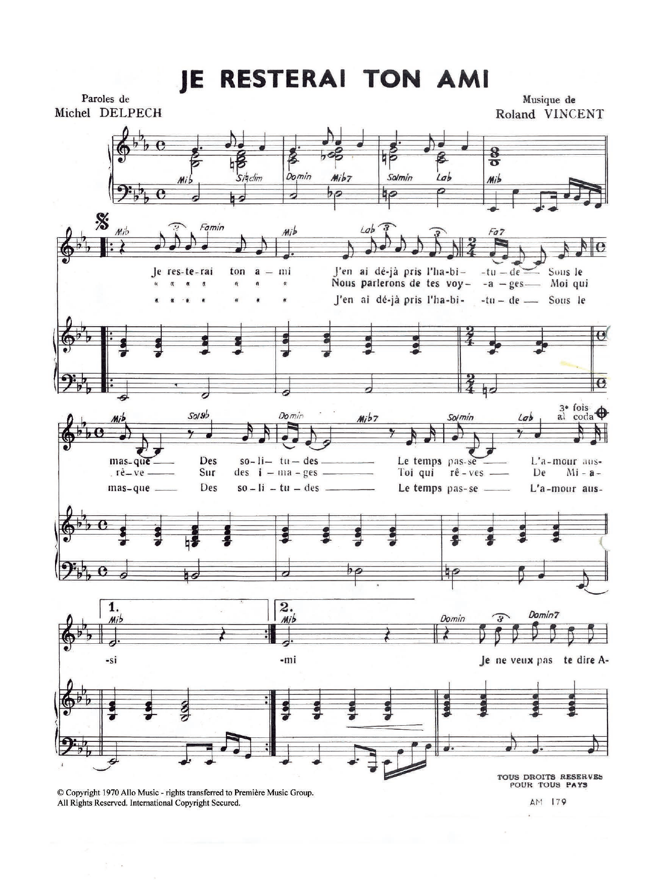 Michel Delpech Je Resterai Ton Ami sheet music notes and chords arranged for Piano & Vocal