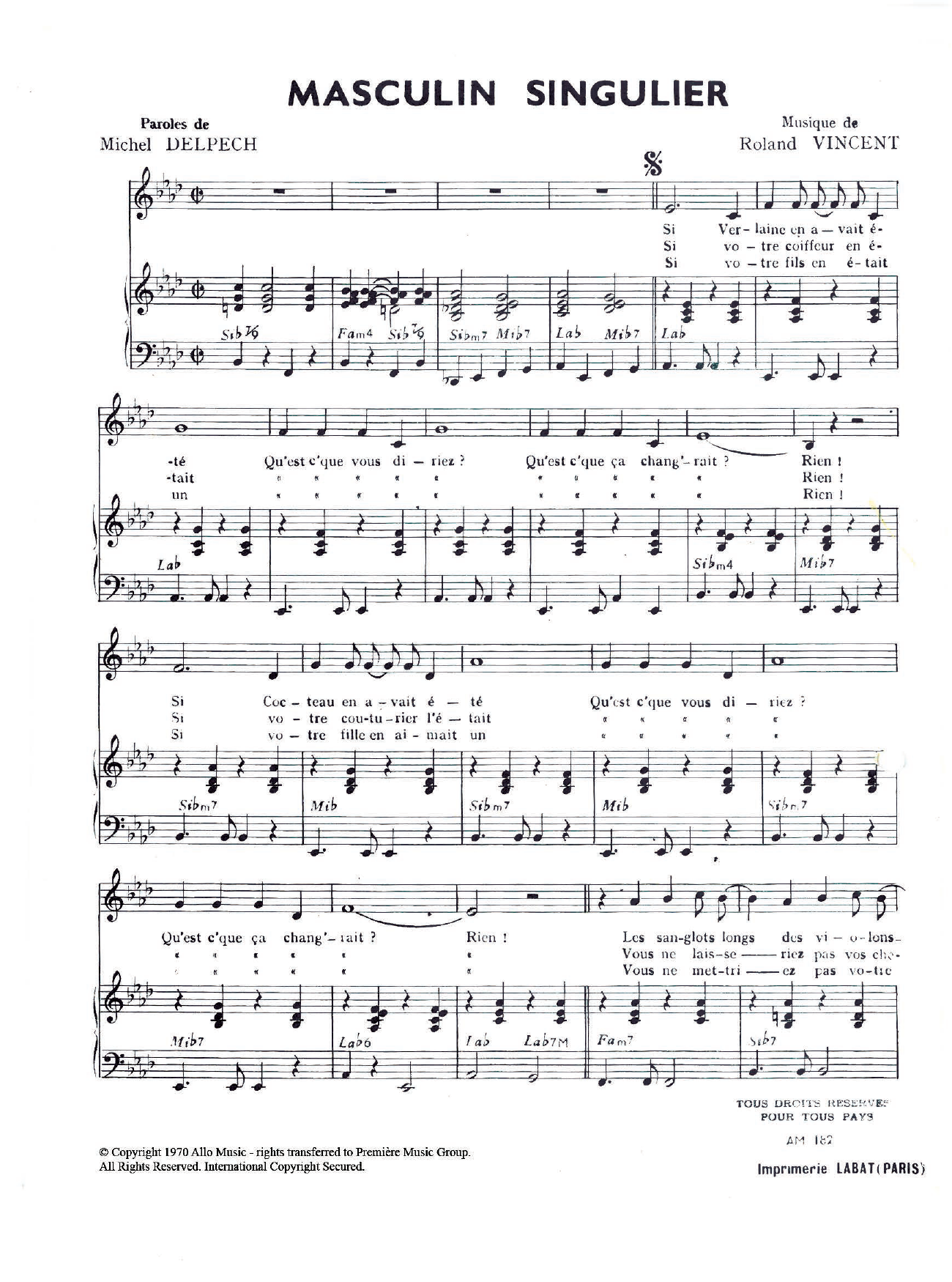 Michel Delpech Masculin Singulier sheet music notes and chords arranged for Piano & Vocal