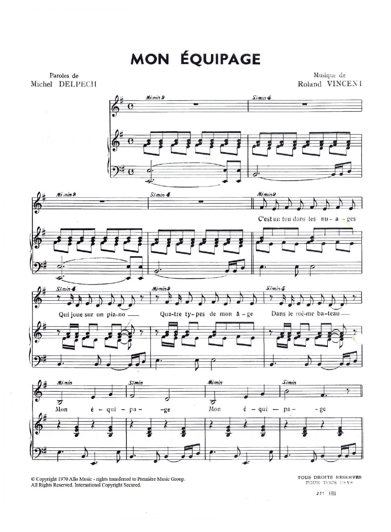 Michel Delpech Mon Equipage sheet music notes and chords arranged for Piano & Vocal