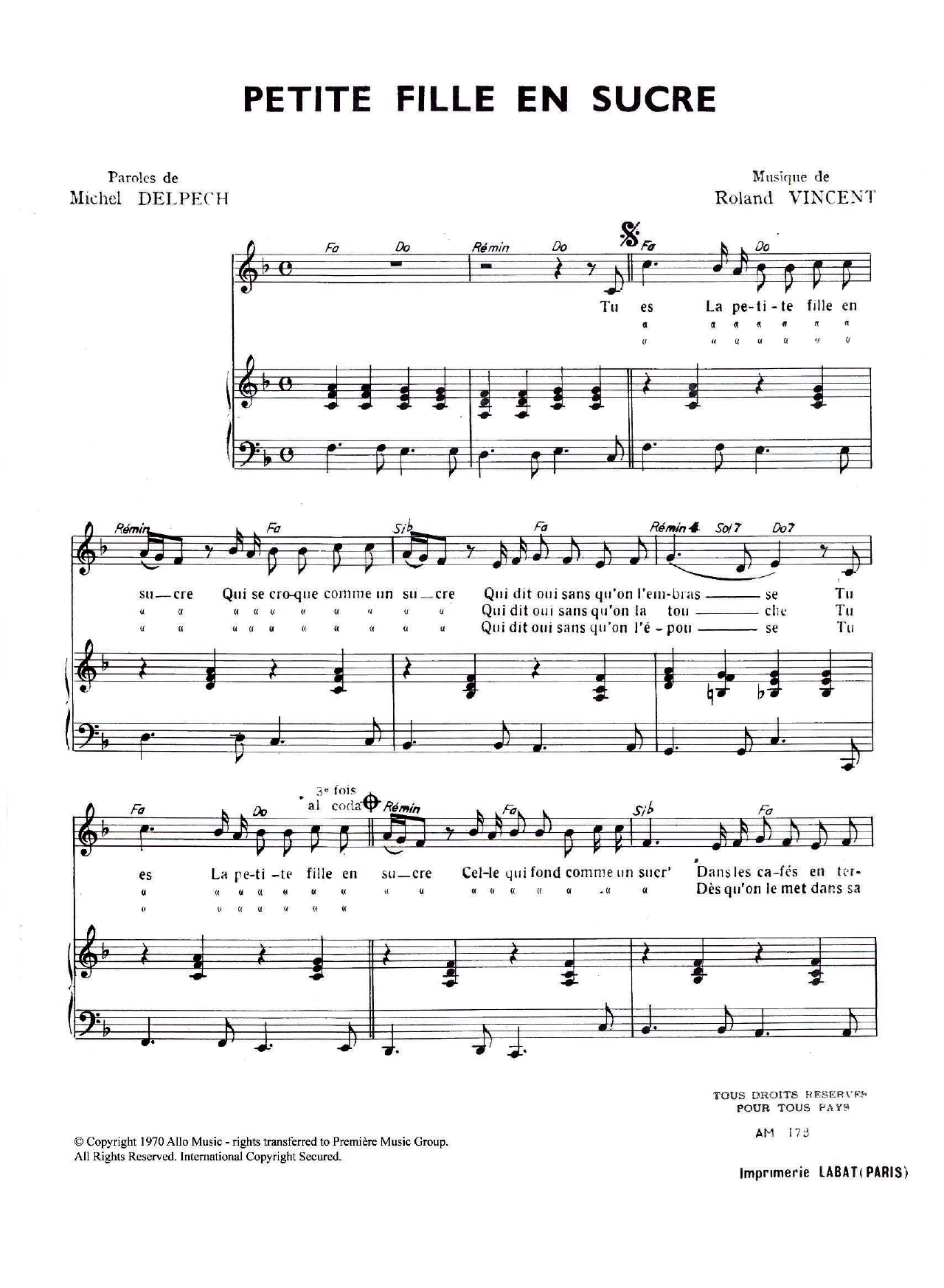 Michel Delpech Petite Fille En Sucre sheet music notes and chords arranged for Piano & Vocal