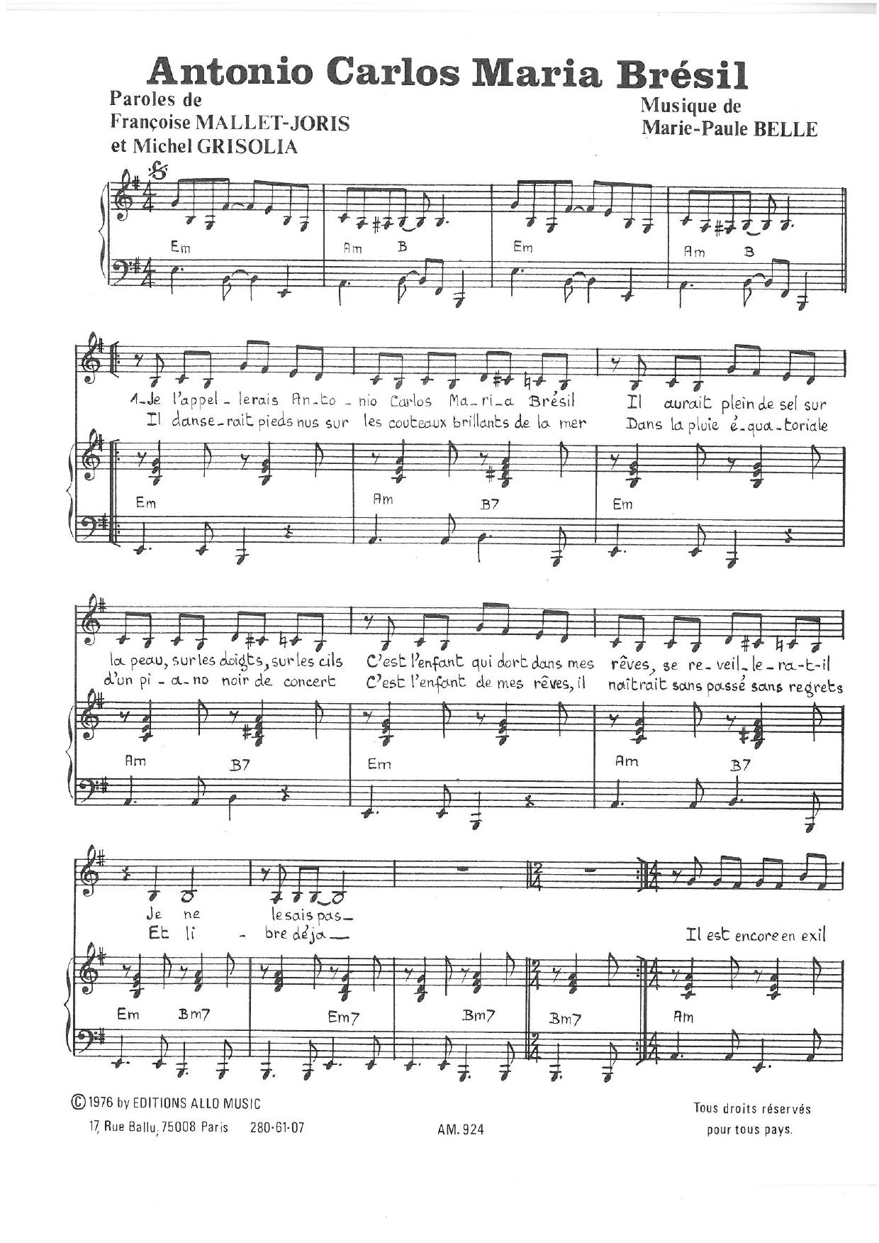 Michel Grisolia, Françoise Mallet-Joris and Marie Paule Belle Antonio Carlos Maria Brazil sheet music notes and chords arranged for Piano & Vocal
