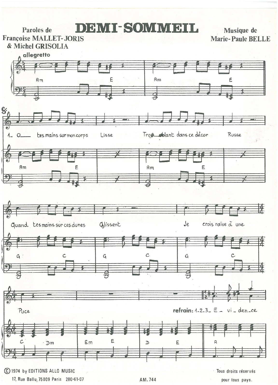 Michel Grisolia, Françoise Mallet-Joris and Marie Paule Belle Demi-Sommeil sheet music notes and chords arranged for Piano & Vocal
