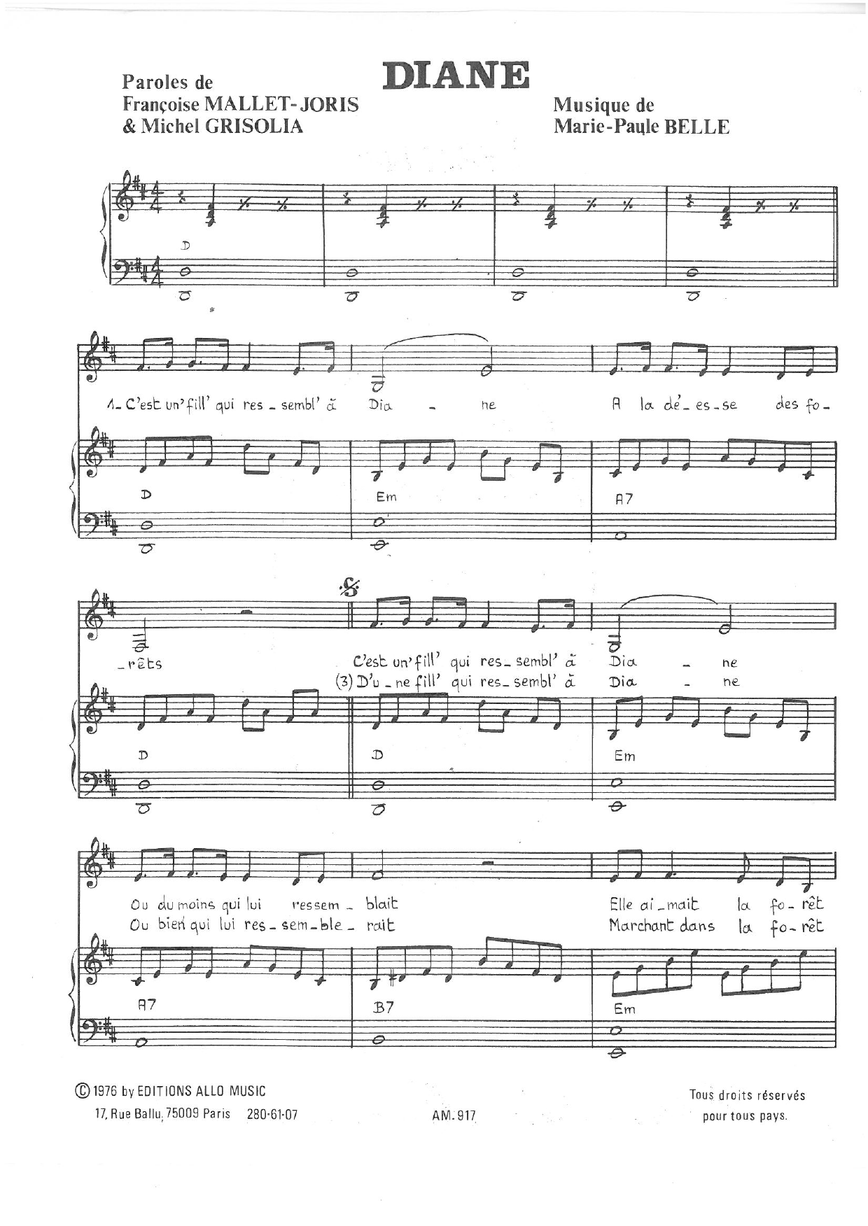 Michel Grisolia, Françoise Mallet-Joris and Marie Paule Belle Diane sheet music notes and chords arranged for Piano & Vocal