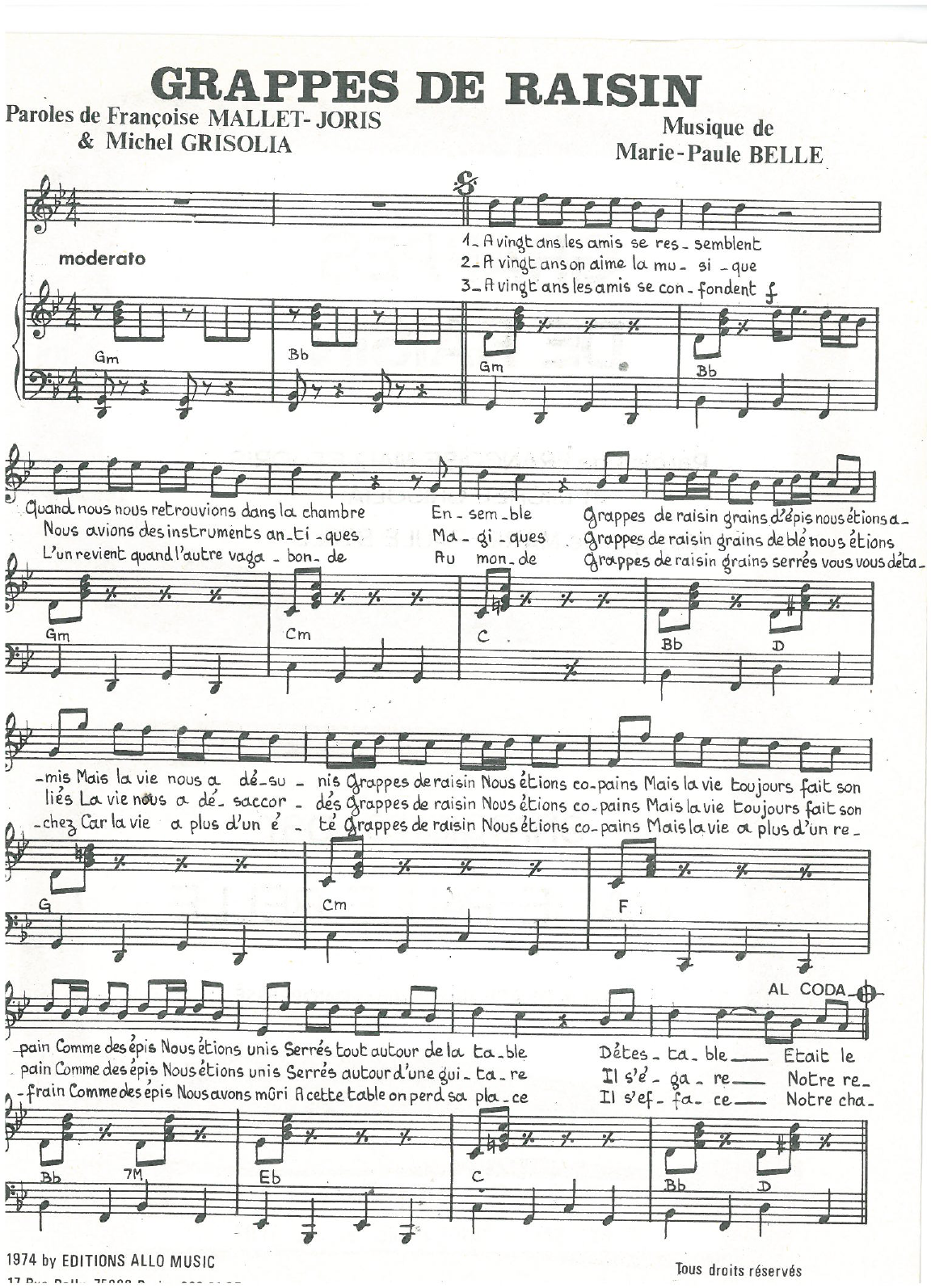 Michel Grisolia, Françoise Mallet-Joris and Marie Paule Belle Grappes De Raisin sheet music notes and chords arranged for Piano & Vocal