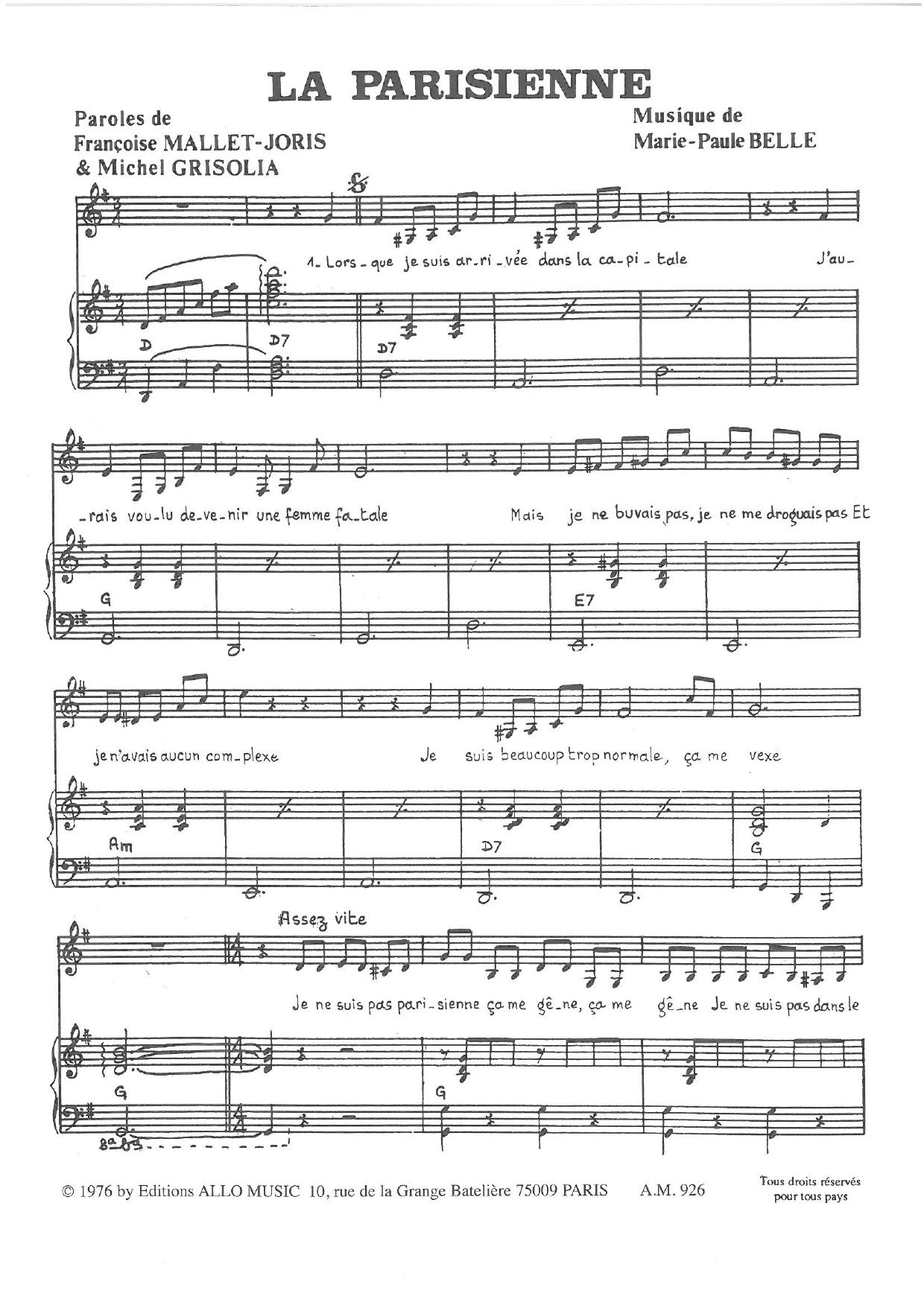 Michel Grisolia, Françoise Mallet-Joris and Marie Paule Belle La Parisienne sheet music notes and chords arranged for Piano & Vocal