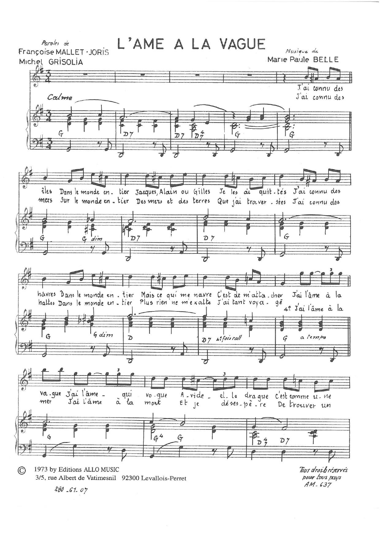 Michel Grisolia, Françoise Mallet-Joris and Marie Paule Belle L'ame A La Vague sheet music notes and chords arranged for Piano & Vocal