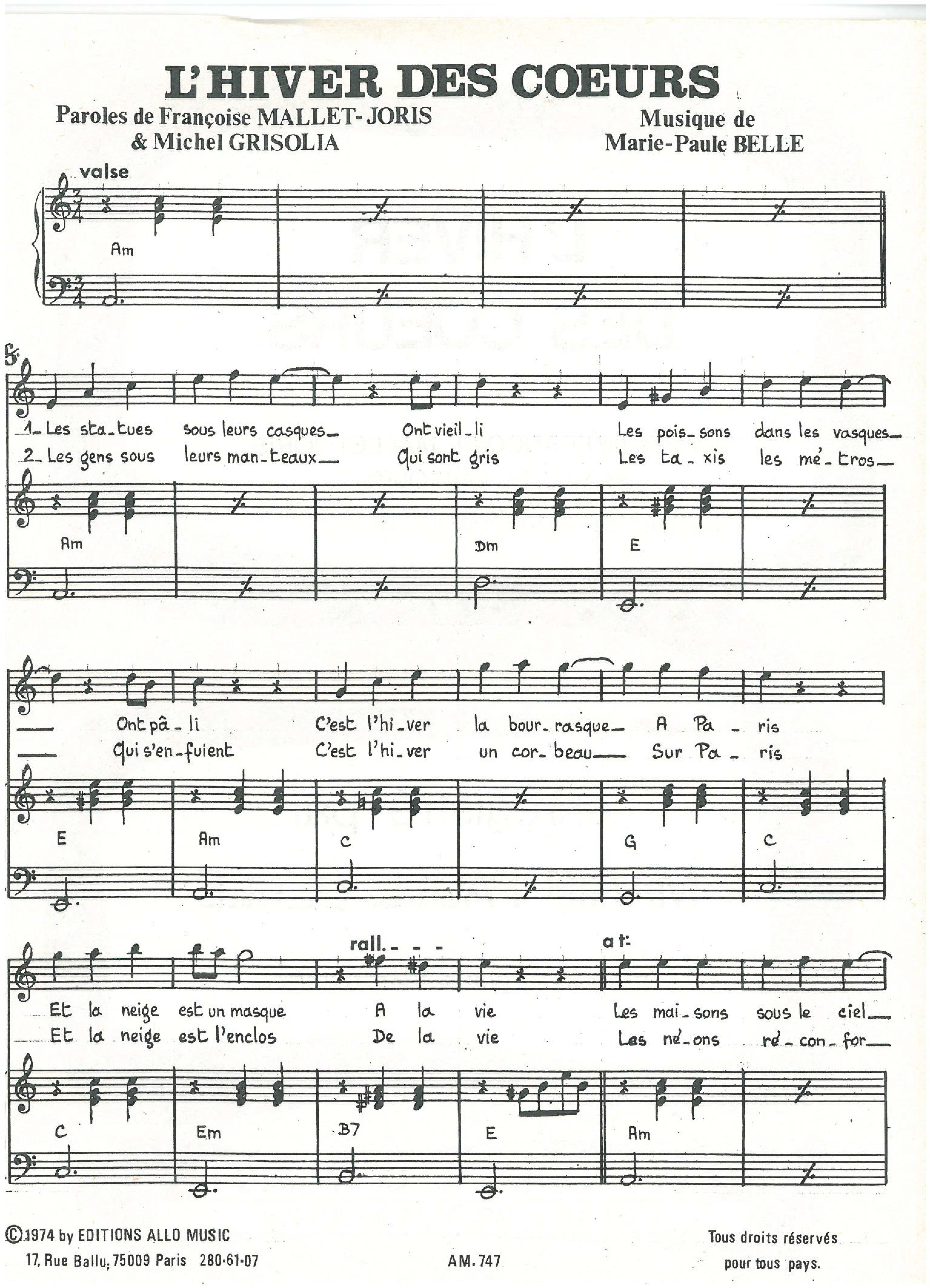 Michel Grisolia, Françoise Mallet-Joris, Marie Paule Belle L'hiver Des Coeurs sheet music notes and chords arranged for Piano & Vocal