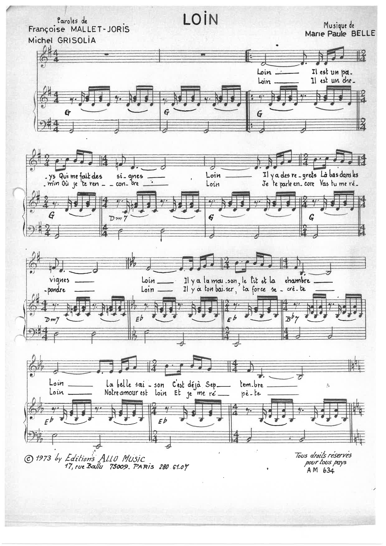 Michel Grisolia, Françoise Mallet-Joris, Marie Paule Belle Loin sheet music notes and chords arranged for Piano & Vocal