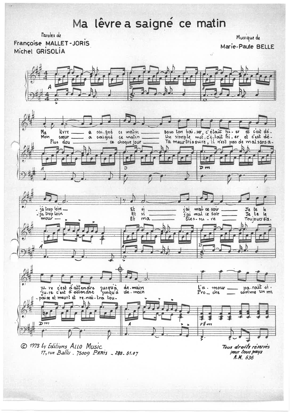 Michel Grisolia, Françoise Mallet-Joris, Marie Paule Belle Ma Levre A Saigne Ce Matin sheet music notes and chords arranged for Piano & Vocal