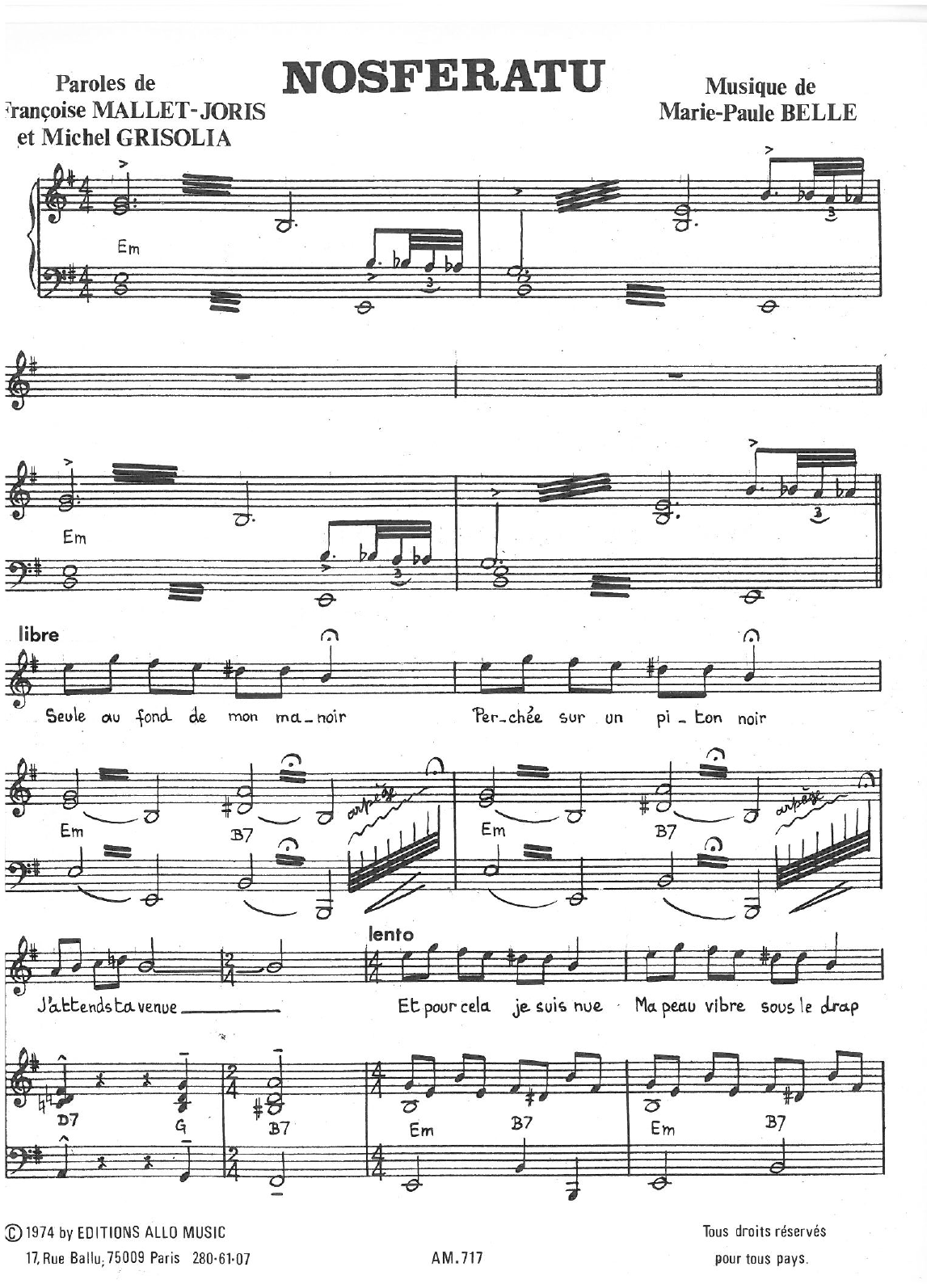 Michel Grisolia, Françoise Mallet-Joris, Marie Paule Belle Nosferatu sheet music notes and chords arranged for Piano & Vocal