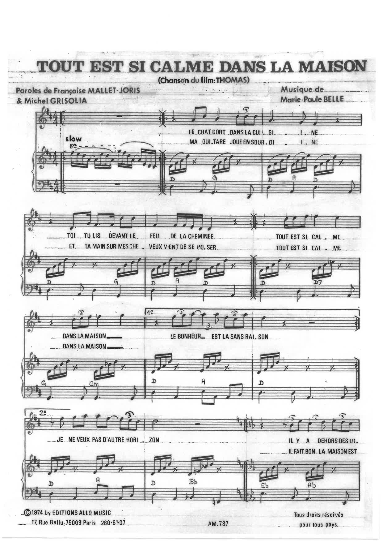 Michel Grisolia, Françoise Mallet-Joris, Marie Paule Belle Tout Est Si Calme Dans La Maison sheet music notes and chords arranged for Piano & Vocal