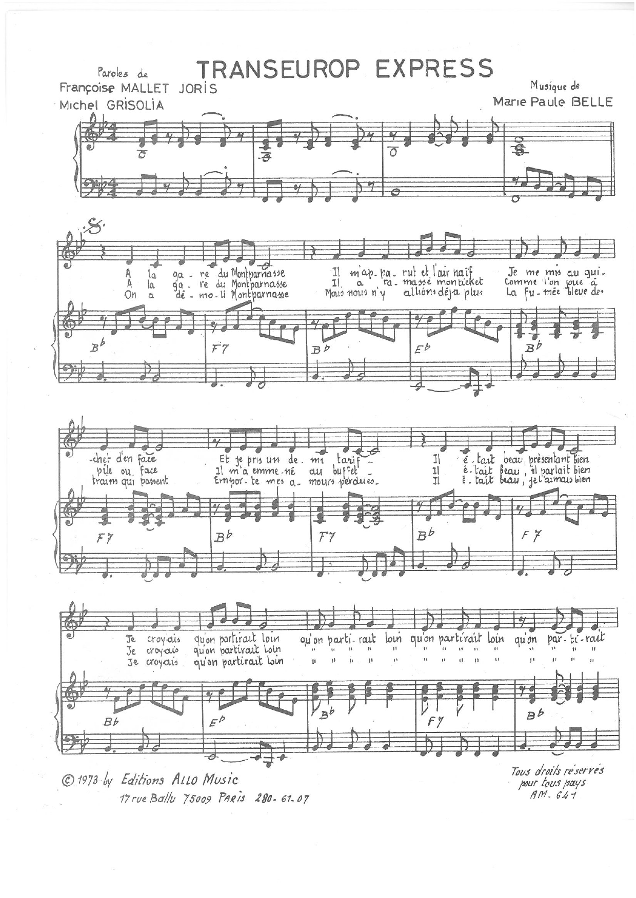 Michel Grisolia, Françoise Mallet-Joris, Marie Paule Belle Transeurop Express sheet music notes and chords arranged for Piano & Vocal