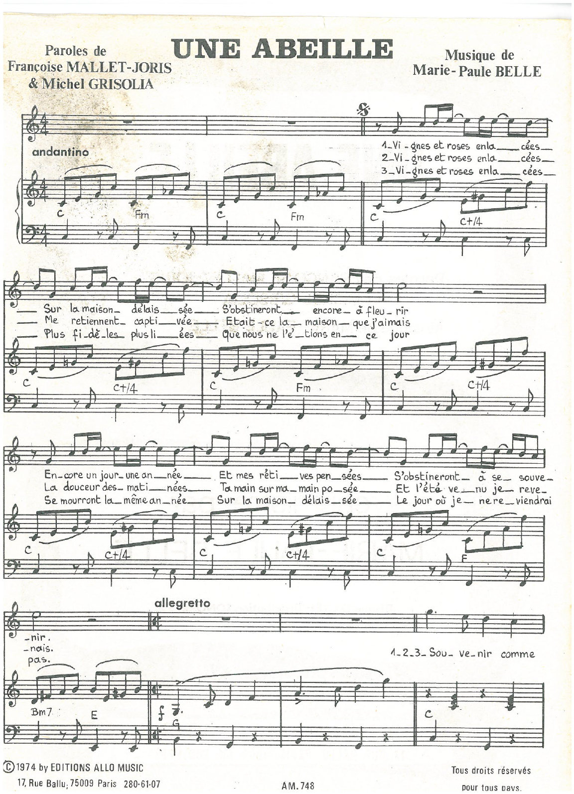 Michel Grisolia, Françoise Mallet-Joris, Marie Paule Belle Une Abeille sheet music notes and chords arranged for Piano & Vocal