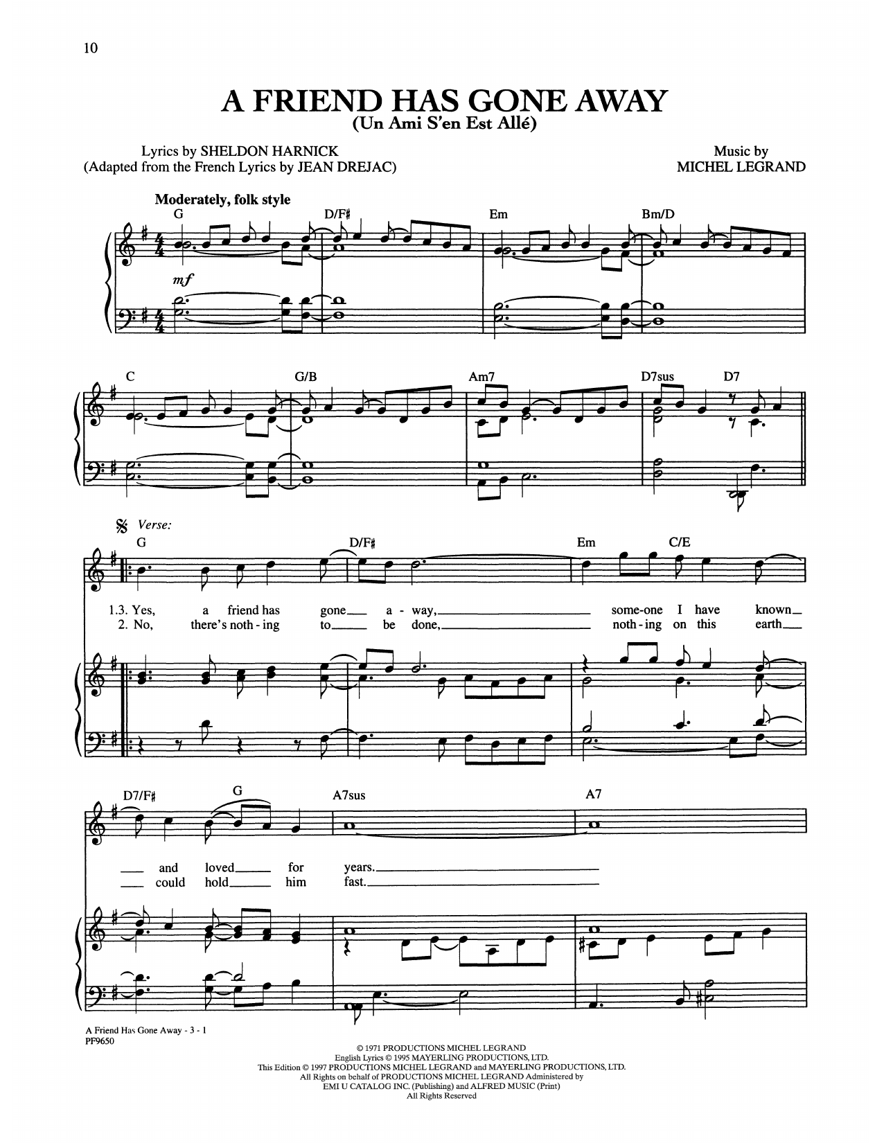 Michel Legrand and Sheldon Harnick A Friend Has Gone Away sheet music notes and chords arranged for Piano, Vocal & Guitar Chords (Right-Hand Melody)