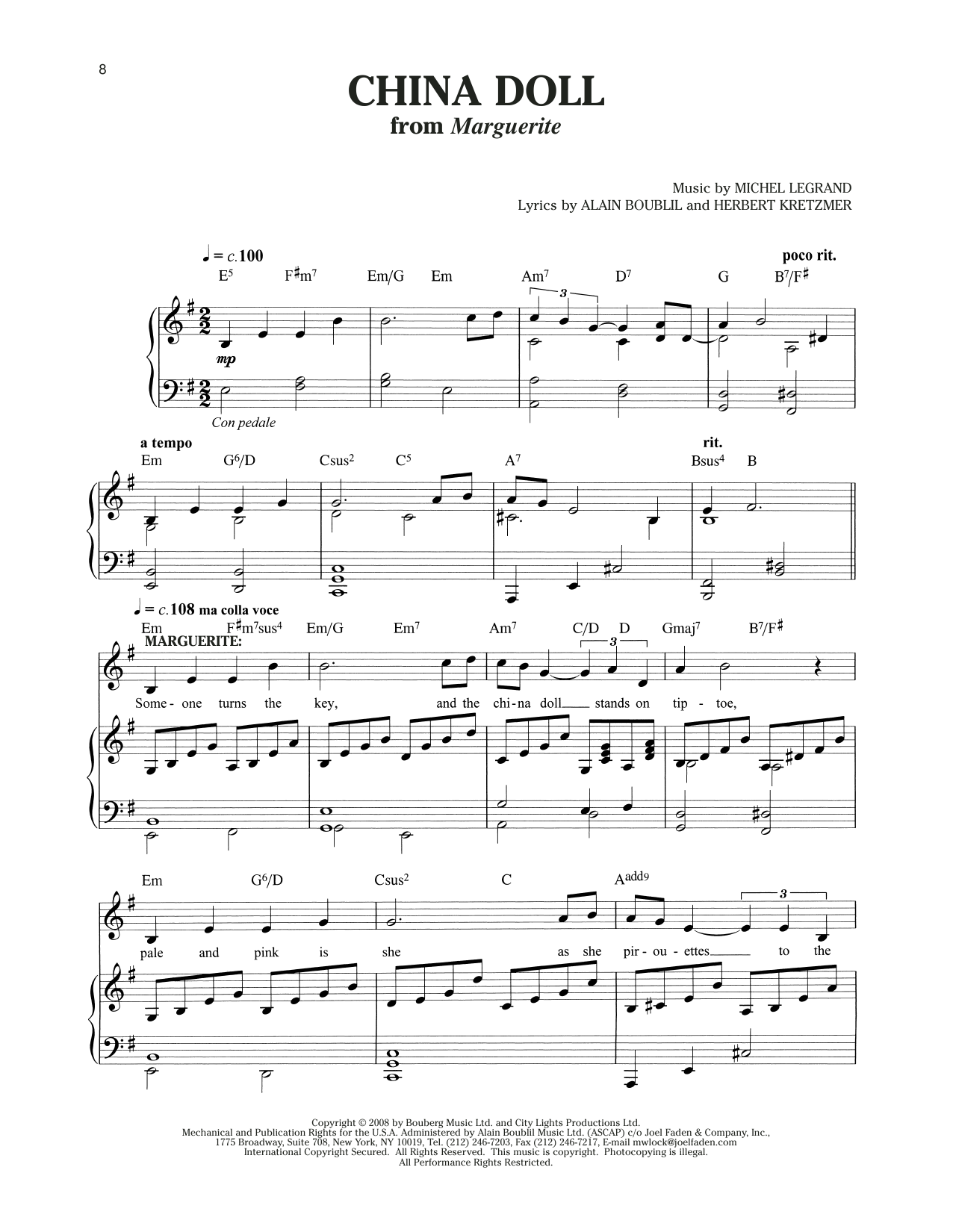 Michel LeGrand China Doll (from Marguerite) sheet music notes and chords arranged for Piano & Vocal
