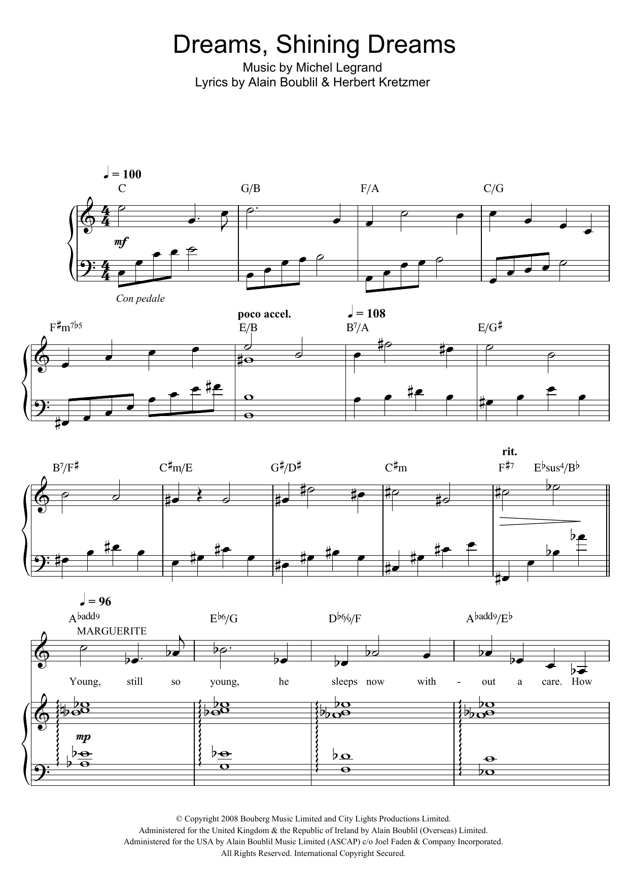 Michel LeGrand Dreams, Shining Dreams (from Marguerite) sheet music notes and chords arranged for Piano, Vocal & Guitar Chords