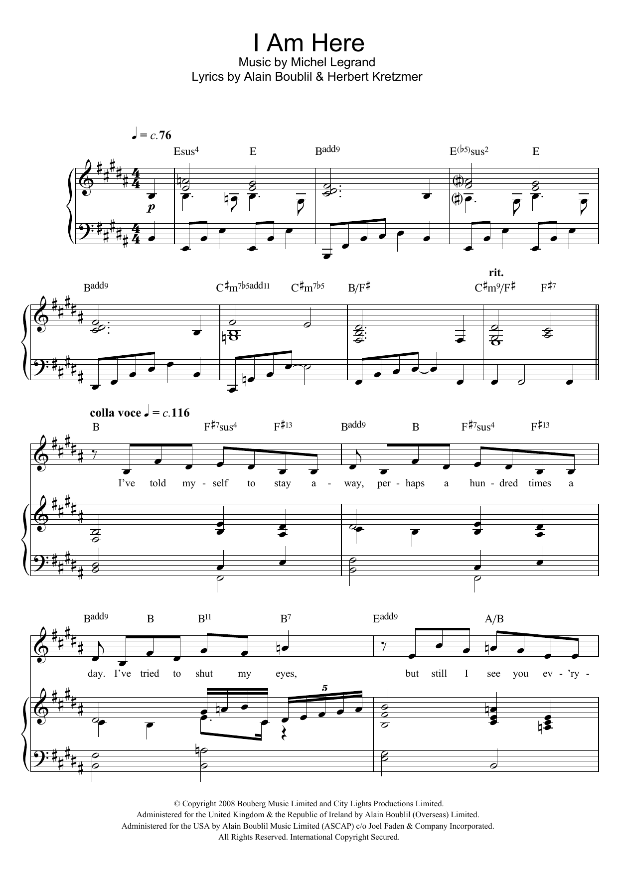 Michel LeGrand I Am Here (from 'Marguerite') sheet music notes and chords arranged for Piano, Vocal & Guitar Chords