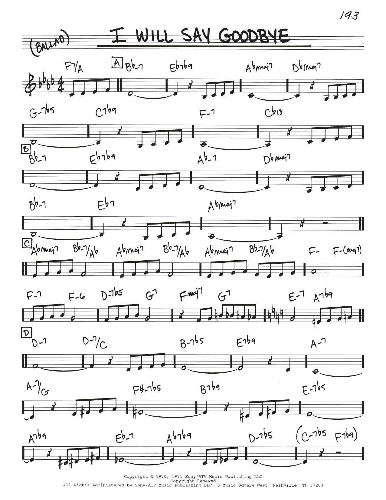 Michel LeGrand I Will Say Goodbye sheet music notes and chords arranged for Real Book – Melody & Chords