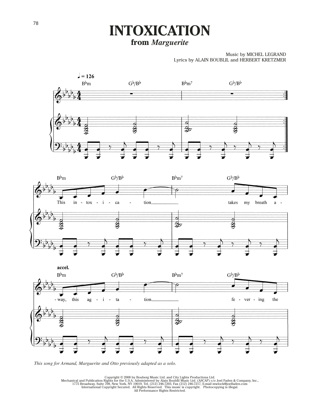 Michel LeGrand Intoxication (from Marguerite) sheet music notes and chords arranged for Piano & Vocal