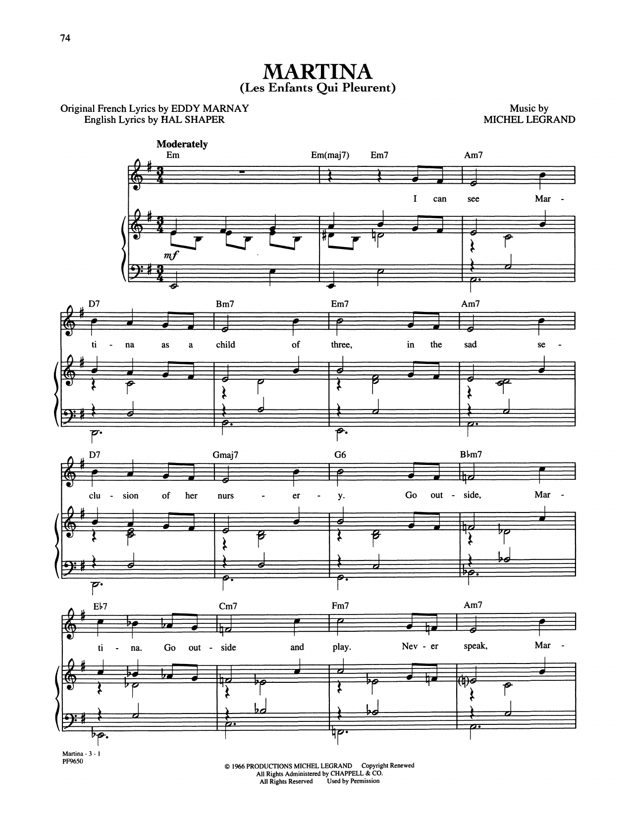 Michel LeGrand Martina (Les Enfants Qui Pleurent) sheet music notes and chords arranged for Piano, Vocal & Guitar Chords (Right-Hand Melody)
