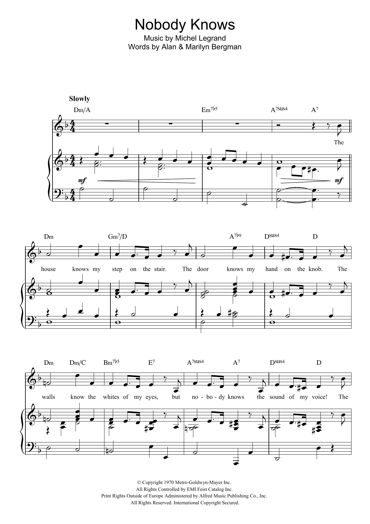 Michel LeGrand Nobody Knows sheet music notes and chords arranged for Piano, Vocal & Guitar Chords