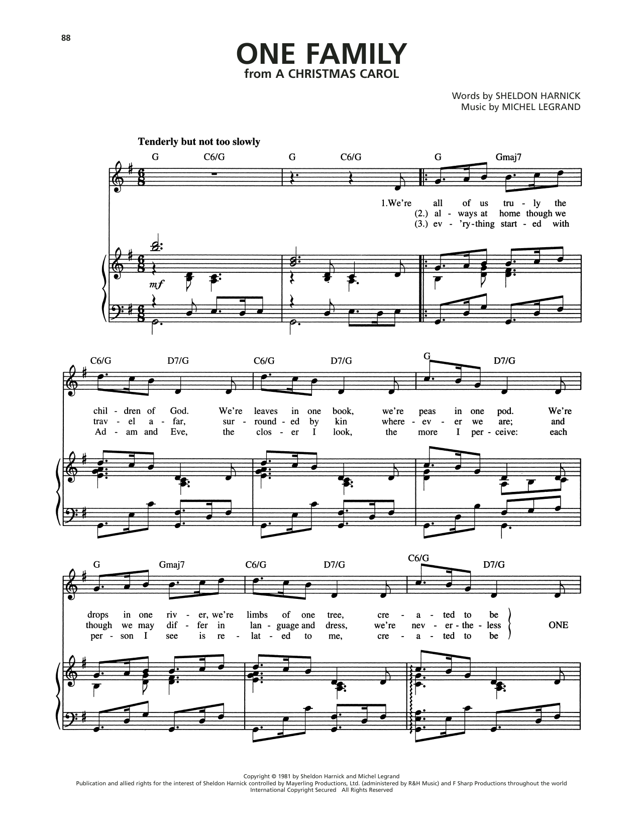 Michel Legrand One Family (from A Christmas Carol) sheet music notes and chords arranged for Piano, Vocal & Guitar Chords (Right-Hand Melody)