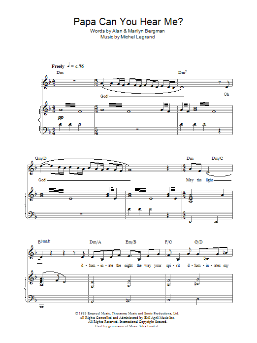 Michel LeGrand Papa Can You Hear Me? sheet music notes and chords arranged for Piano, Vocal & Guitar Chords