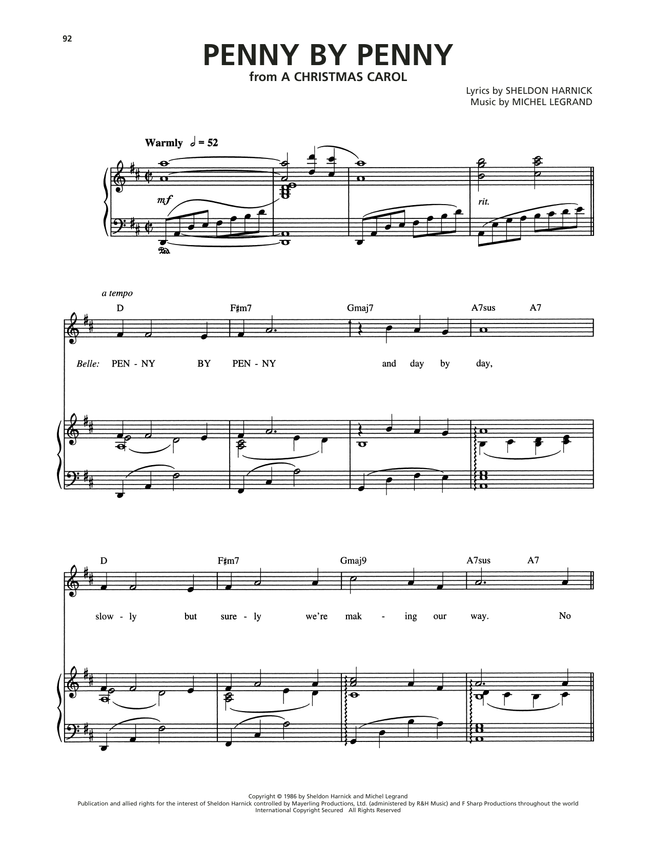 Michel Legrand Penny By Penny (from A Christmas Carol) sheet music notes and chords arranged for Piano, Vocal & Guitar Chords (Right-Hand Melody)