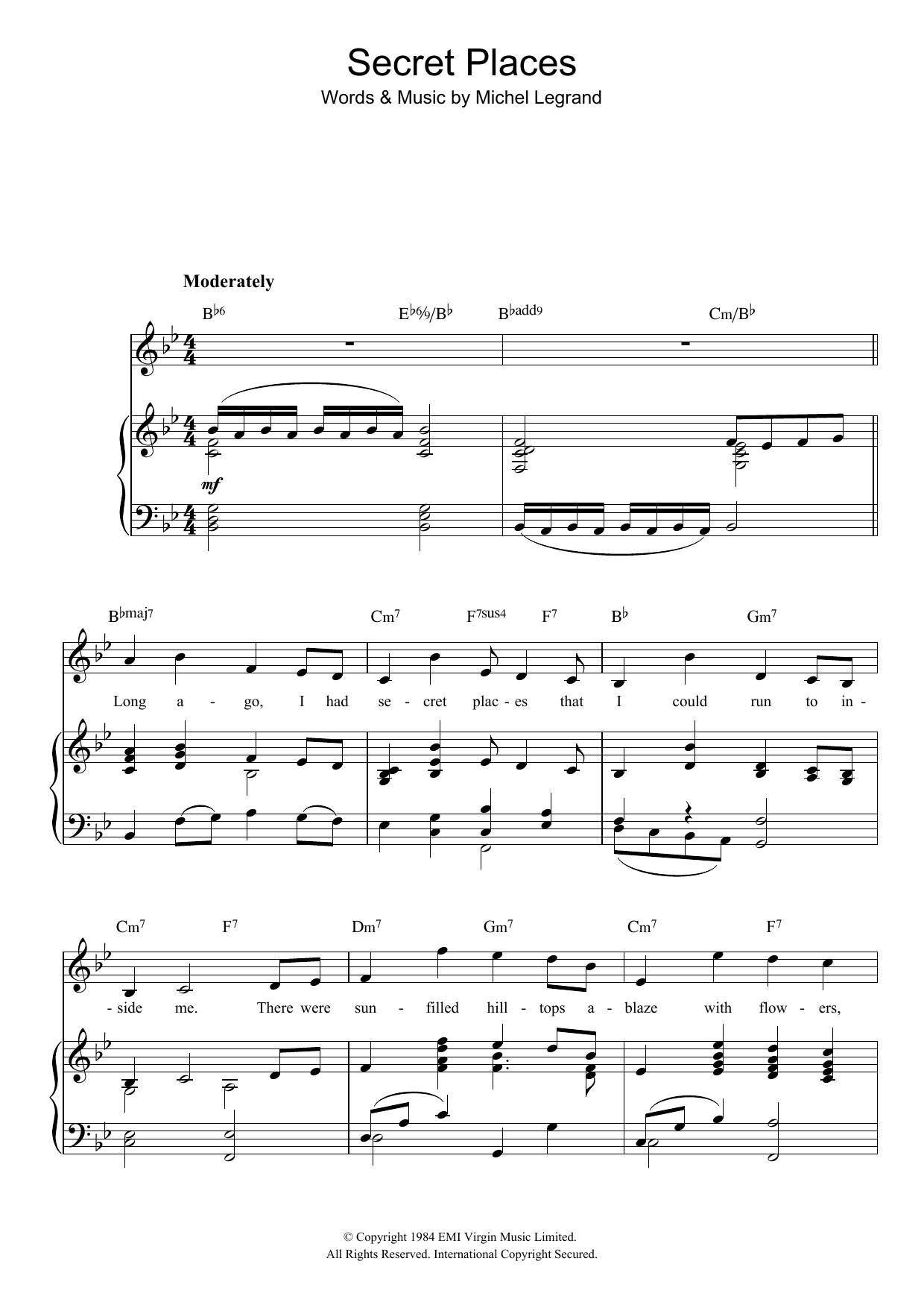 Michel LeGrand Secret Places sheet music notes and chords arranged for Piano, Vocal & Guitar Chords