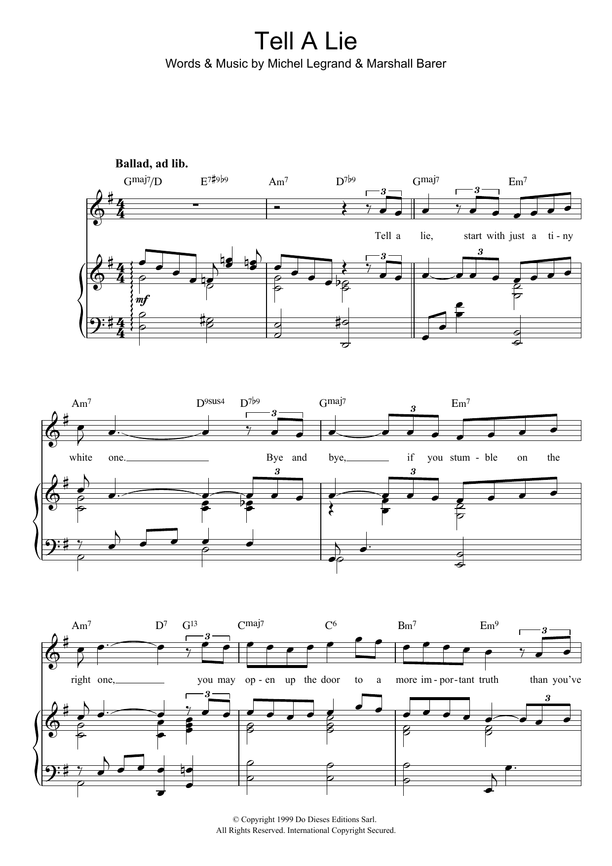 Michel LeGrand Tell A Lie sheet music notes and chords arranged for Piano, Vocal & Guitar Chords