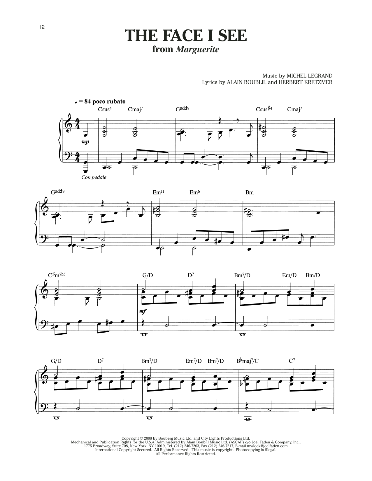 Michel LeGrand The Face I See (from Marguerite) sheet music notes and chords arranged for Piano & Vocal