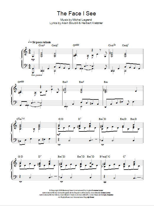 Michel LeGrand The Face I See sheet music notes and chords arranged for Piano, Vocal & Guitar Chords