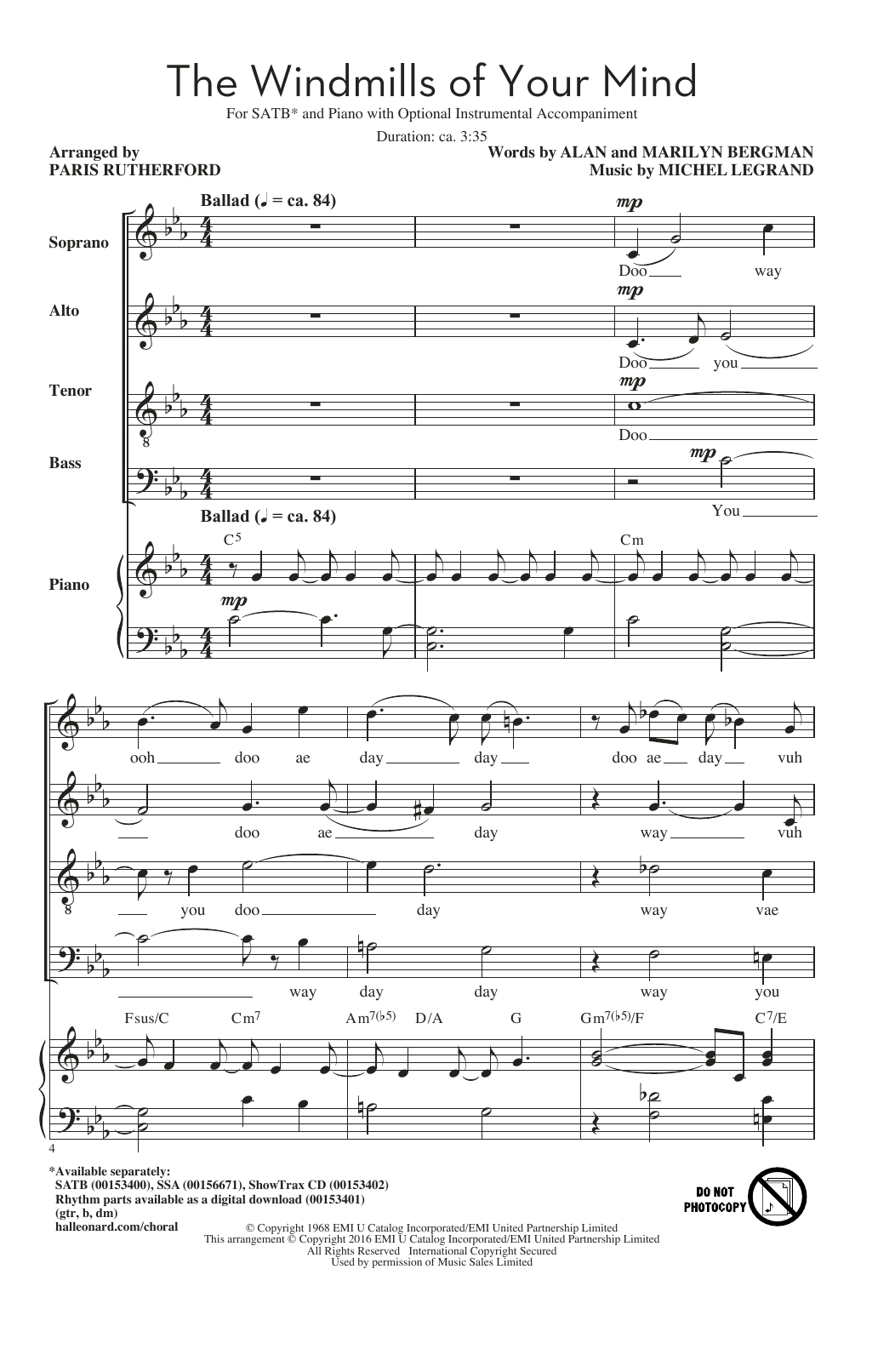 Michel Legrand The Windmills Of Your Mind (arr. Paris Rutherford) sheet music notes and chords arranged for SSA Choir