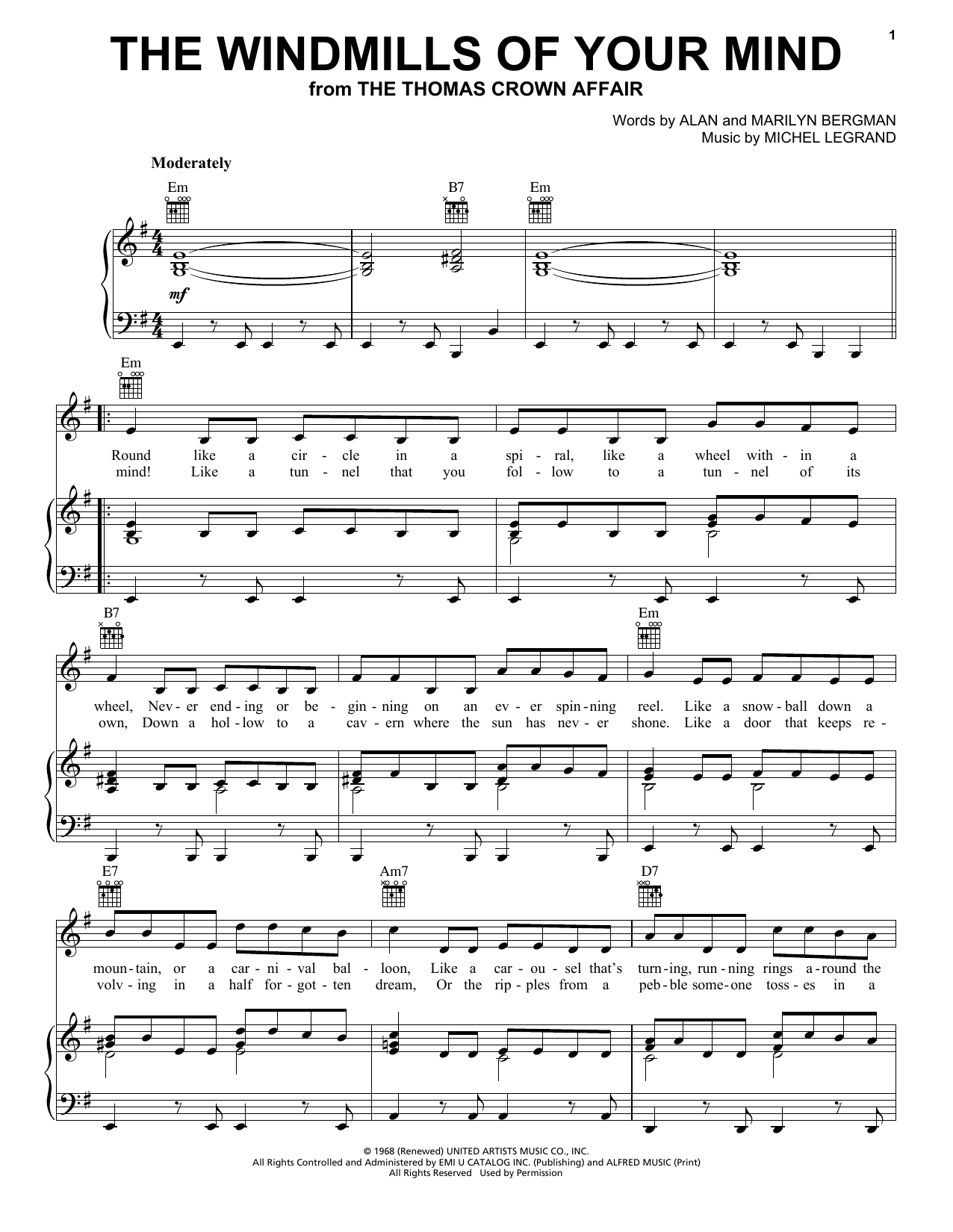 Michel LeGrand The Windmills Of Your Mind sheet music notes and chords arranged for Easy Ukulele Tab