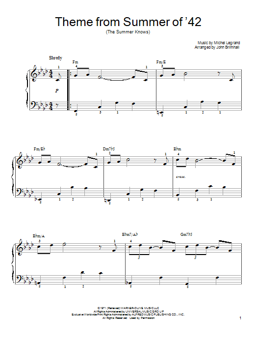 Michel LeGrand Theme From Summer Of '42 (The Summer Knows) sheet music notes and chords arranged for Piano Solo