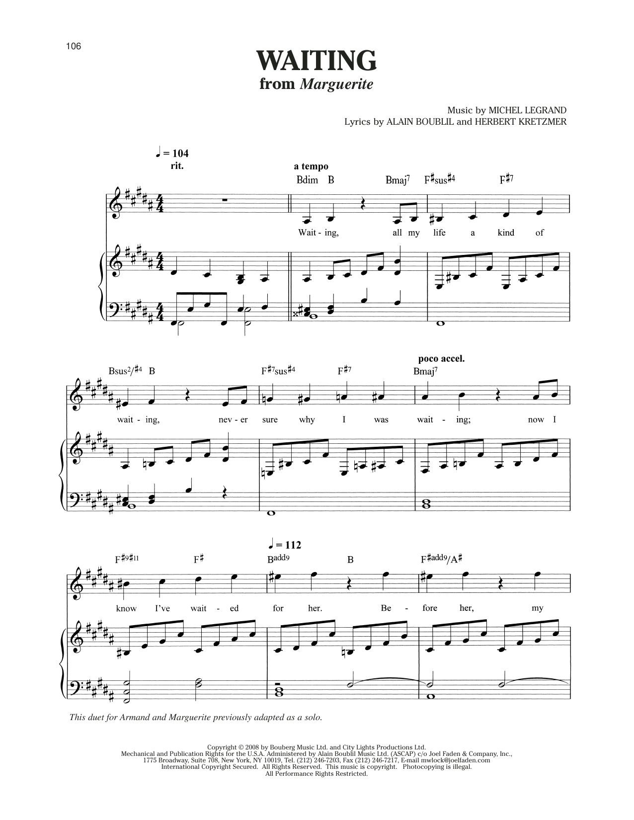 Michel LeGrand Waiting (from Marguerite) sheet music notes and chords arranged for Piano & Vocal